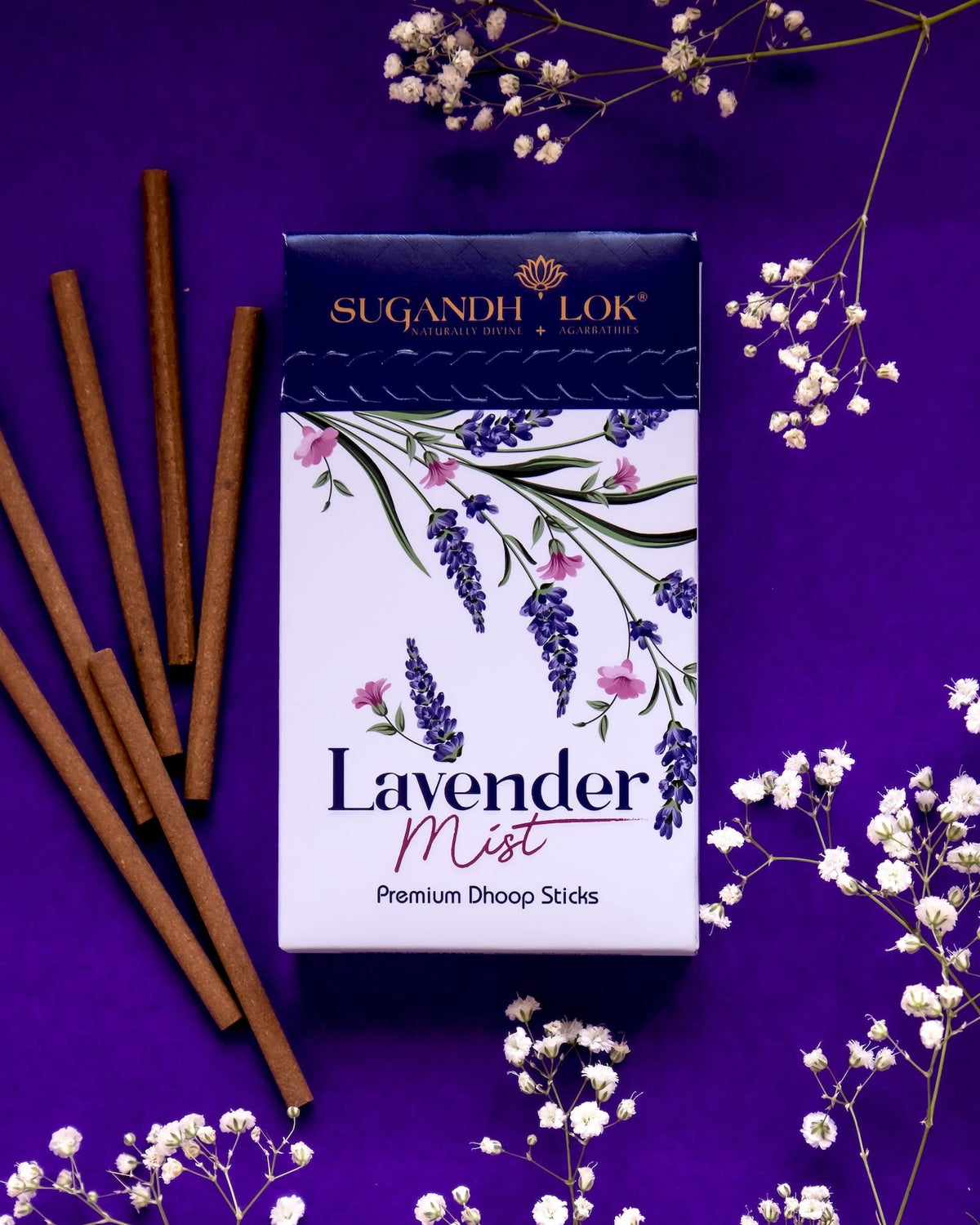 Lavender Mist Dhoop Sticks Pouch Surrounded by Flowers