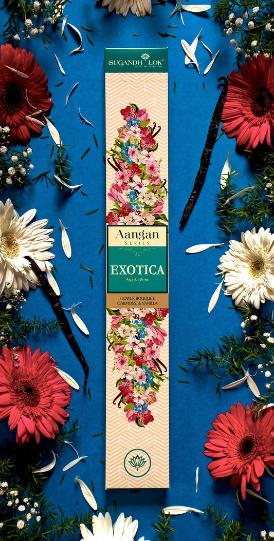 Front of Exotica Agarbatti Box surrounded by flowers and petals