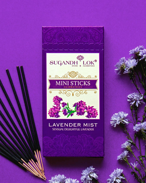 Lavender Mist Agarbatti Mini Sticks Box surrounded by lavender and incense sticks