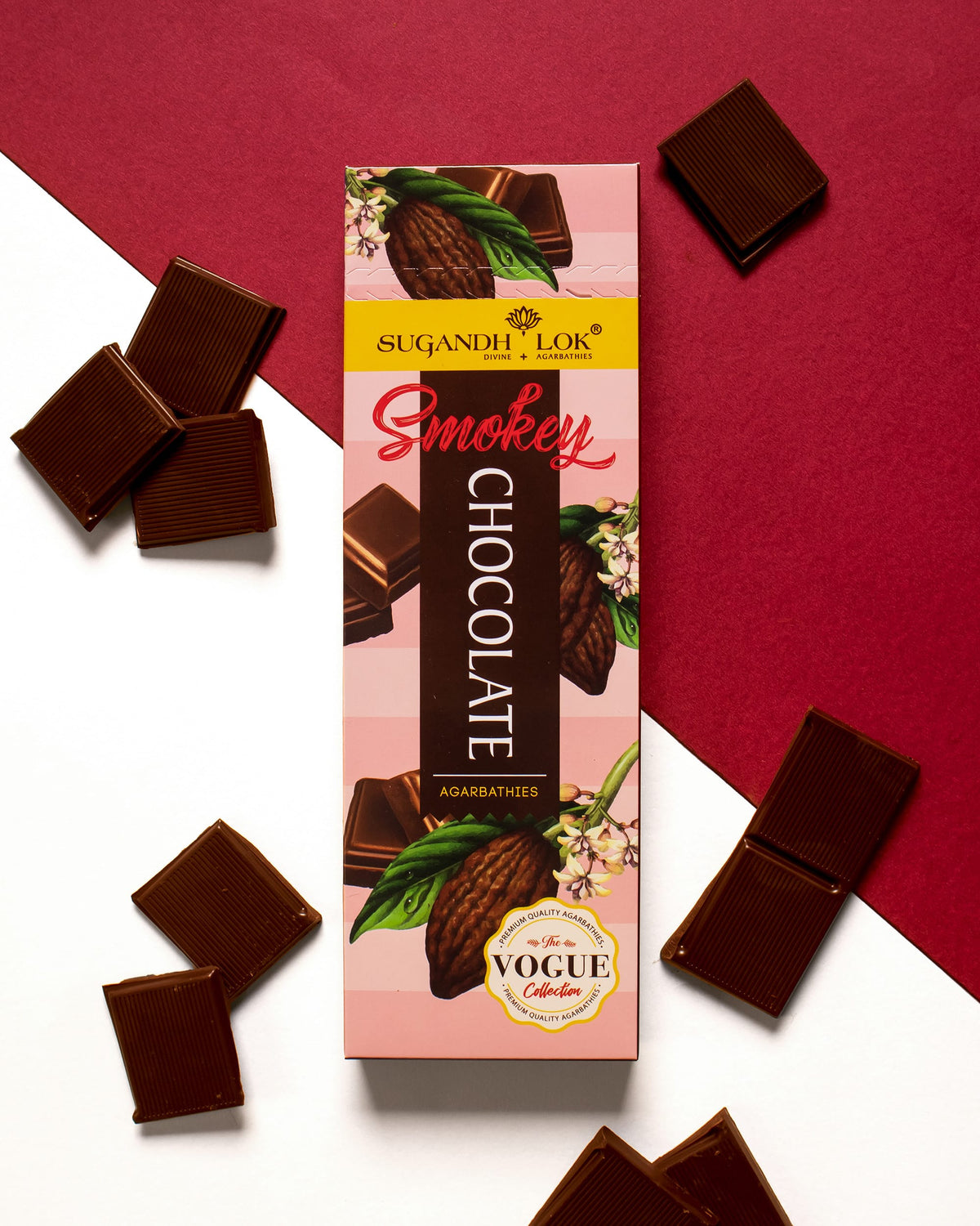 Smokey Chocolate Agarbatti pack surrounded by chocolate pieces