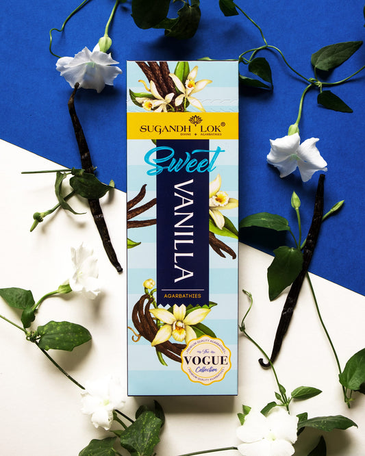 Front of Sweet Vanilla Agarbatti Pack placed on table